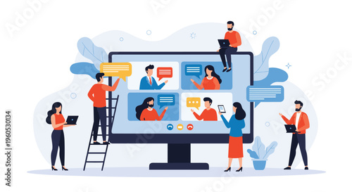 Modern video conference concept features diverse professionals engaging in virtual meeting shown on large desktop monitor.