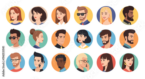 Grid of diverse human profile avatars displays various ethnicities, hairstyles, and accessories in colorful circular frames.