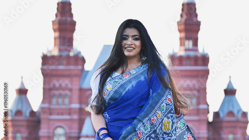 Bangladeshi woman smiling in traditional sari at the State Historical Museum, Moscow