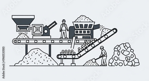 Illustration of a Mining Operation with Conveyor Belts and Workers.