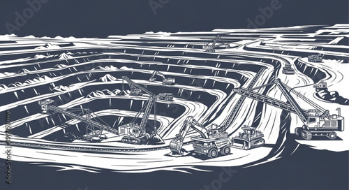 Illustration of a Large Open-Pit Mine with Heavy Equipment.