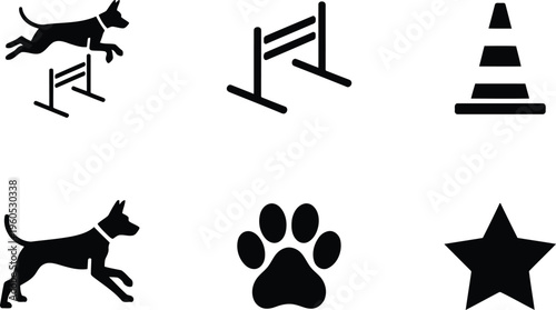 A collection of various black silhouette icons depicting dog training, agility obstacles, and general canine symbols