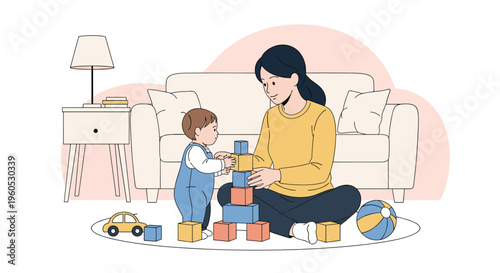 Loving mother sits on floor and helps her young child build tower with colorful wooden blocks in cozy living room.