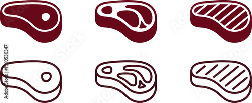 Raw meat steak cuts icon collection isolated on white background. Beef pork lamb butcher diagram in clean outline vector style. Food industry illustration for menu packaging and design.