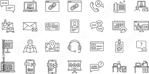 Customer Support, Communication, and Business Contact Icons Set Featuring Phone, Email, Client Inquiry, and Contact Forms