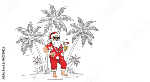 Santa Claus enjoys summer vacation on tropical beach with palm trees while wearing sunglasses and holding drink.