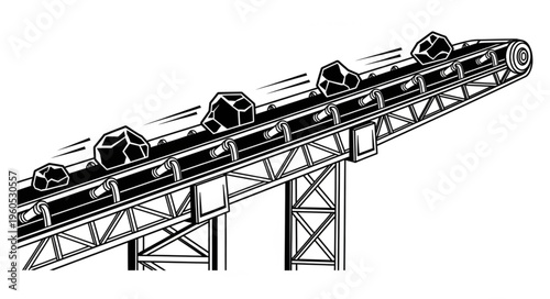Illustration of a conveyor belt transporting rocks in an industrial setting.
