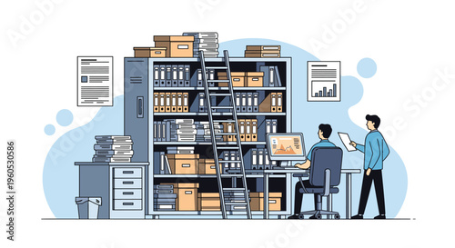 Efficient office workers manage extensive paper archives and digital records in large storage room with shelves and ladder.