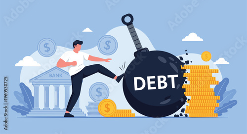 Determined man takes control of financial future by kicking away giant wrecking ball labeled debt to save savings.
