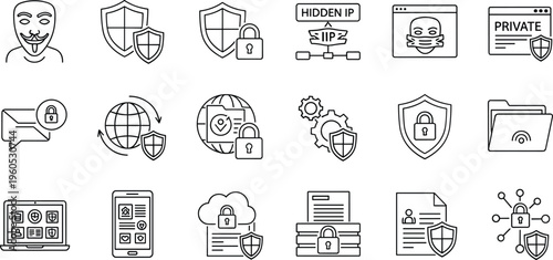 Cybersecurity and Privacy Protection Icons Set Featuring Data Security, VPN, Encryption, and Secure Online Browsing