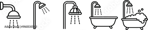 Various shower heads and bathtubs with water flow
