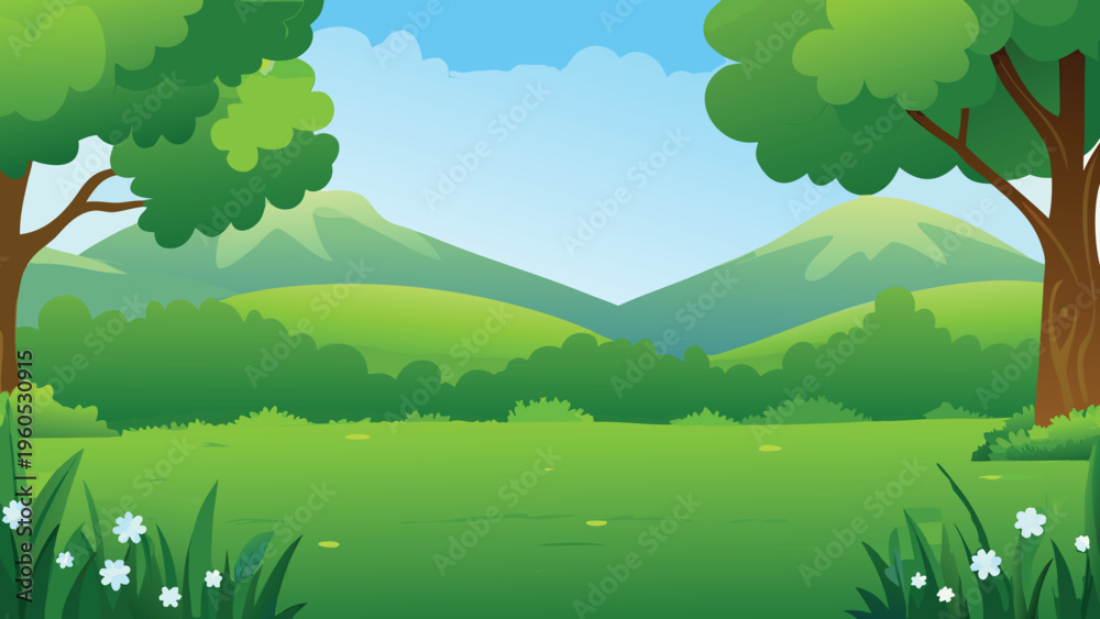Naklejka premium A bright cartoon landscape featuring trees grass and a small pond