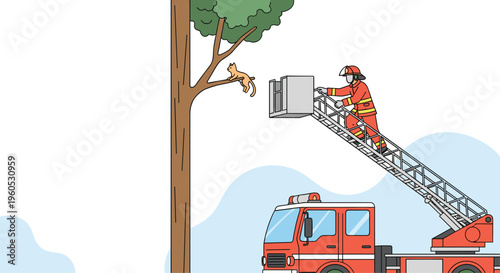 Heroic fireman uses aerial ladder on fire truck to safely rescue stranded cat from high branch of tree.