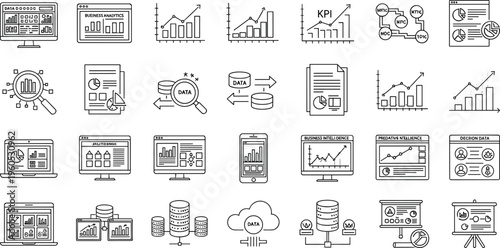 Data Analytics and Business Intelligence Icons Set Featuring Graphs, KPI, Dashboards, Data Management, and Insights