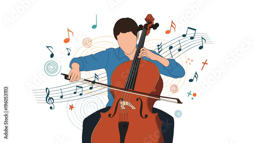 Musician playing a large brown cello with a bow surrounded by flowing musical staffs and notes in a dynamic and artistic composition.