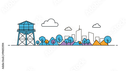 Modern city landscape in flat line art style featuring a prominent blue water tower, colorful trees, mountains, and skyscraper silhouettes.