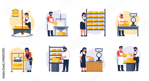 Detailed illustration set shows traditional cheese making process from milk preparation to aging and weighing final product.