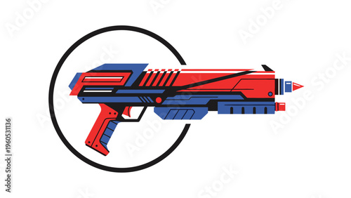 Science fiction blaster gun in red and dark blue colors with futuristic sharp angles and details set inside a black circular frame.
