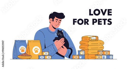 Pet products banner shows man cuddling black cat next to stacks of pet food bags and cans.