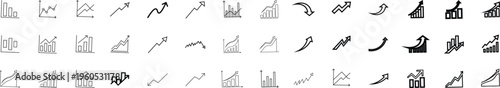 Business growth analytics icon set with bar charts line graphs upward arrows financial data visualization collection isolated on transparent background