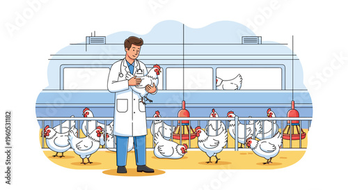 Professional veterinarian in white coat carefully examines health of white hen in modern industrial poultry farm.