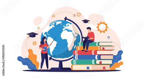 Students engage in global education and geography by studying a large world globe and a tall stack of colorful academic books.