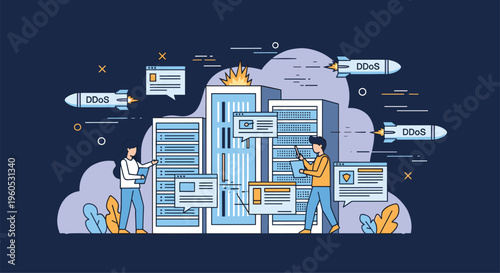 Cybersecurity professionals manage a server farm while defending the network against incoming rocket attacks representing ddos.