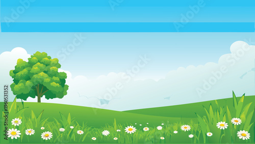 Cartoon landscape with green trees a pond and blue sky