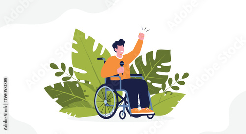Smiling man sitting in a wheelchair holds a microphone and raises his fist in triumph against a background of green leaves.