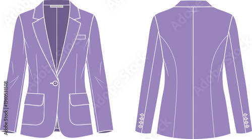 Women's Tailored Lavender Blazer Technical Flat Sketch Vector Template with Single Button Closure Notch Lapel and Flap Pockets Fashion Illustration