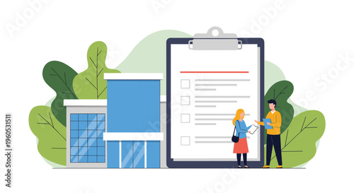 Professionals conduct a business meeting in front of a modern office building with a giant clipboard for real estate tasks.