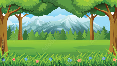 Cartoon landscape with lush green hills trees and a small pond