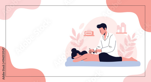 Professional medical acupuncture treatment being performed on a female patient lying on a massage table in a peaceful clinic.