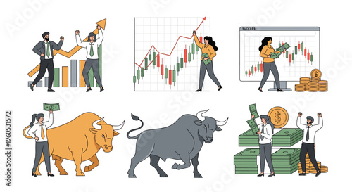 Group of stock market investors and traders celebrating financial growth with bullish trends, cash stacks, and profit charts.