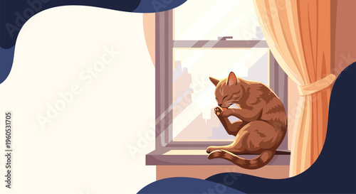 Adorable brown tabby cat sits on a sunny apartment windowsill and carefully grooms its front paw in the warm morning light.