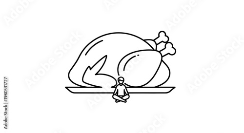 Minimalist illustration of a tiny figure meditating before a colossal roasted bird on a serving dish