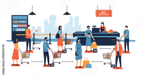 Shoppers with carts maintain safe social distancing at a supermarket checkout line to follow health guidelines in a store.