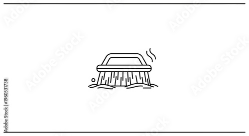 Minimalist line art icon of a scrubbing brush cleaning with suds and steam, symbolizing hygiene