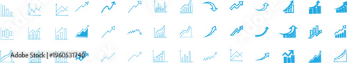 Business growth analytics icon set with bar charts line graphs upward arrows financial data visualization collection isolated on transparent background.