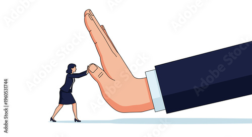 Determined businesswoman pushes against a giant hand making a stop gesture to represent overcoming work barriers and bias.