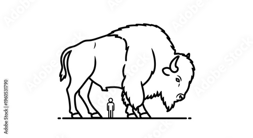 Impressive Bison and Human Scale Comparison in Minimalist Line Art Illustration for Educational