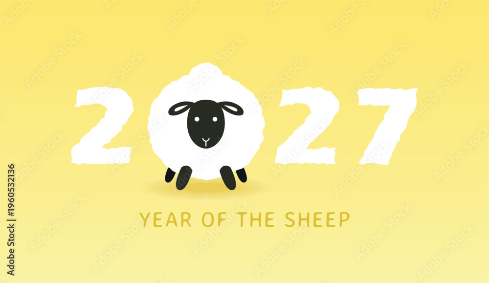 Fototapeta premium Year of the sheep 2027 lettering with a cute zodiac sheep replacing the number 