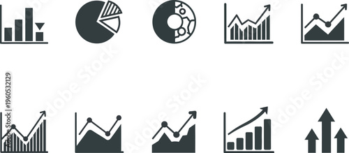 Collection of dark monotone charts featuring candlestick patterns, line graphs, and pyramid diagrams representing stock market.