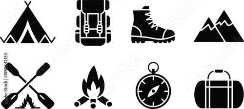 A comprehensive set of black silhouette icons representing various outdoor camping and adventure activities on a white background