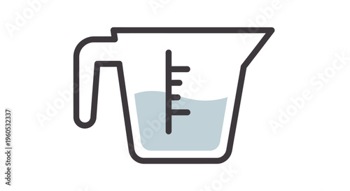 Measuring cup with water and markings, kitchen tool icon, simple graphic illustration