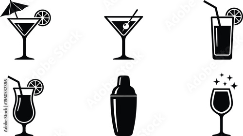 Cocktail icons set with various drink glasses and shaker