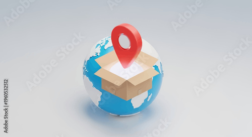 Global delivery box with location pin on world globe, logistics concept