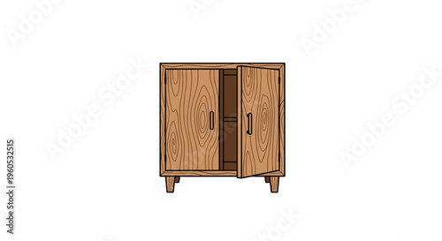 Simple wooden cabinet with two doors stands against a white background featuring one open door to reveal the interior shelves.