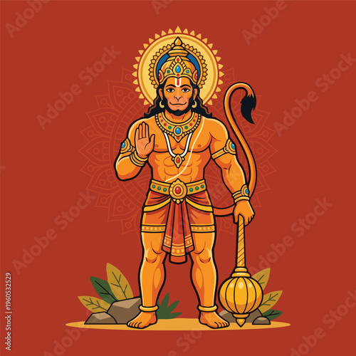 Lord Hanuman Standing with Gada in Blessing Pose, Hindu Deity Vector Illustration for Hanuman Jayanti