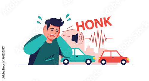 Distressed man covers his ears to block out the loud noise of traffic and car horns in a busy city environment illustration.